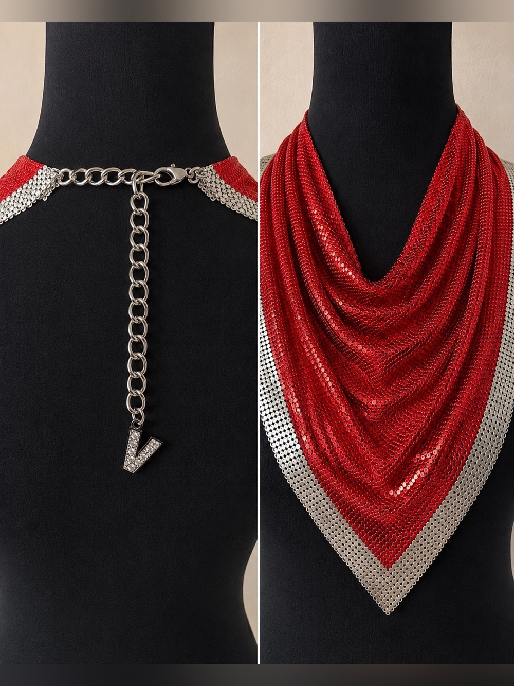 Vintage Luxury Chainmail Mesh Bib Collar Necklace in Red with Silver Trim